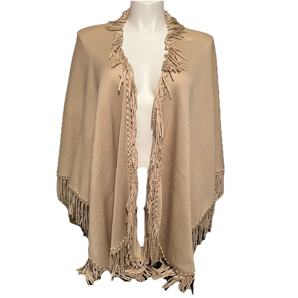 Coldwater Creek Poncho Sweater Knit Shawl Women's OS Tan Fringe Boho‎ Western